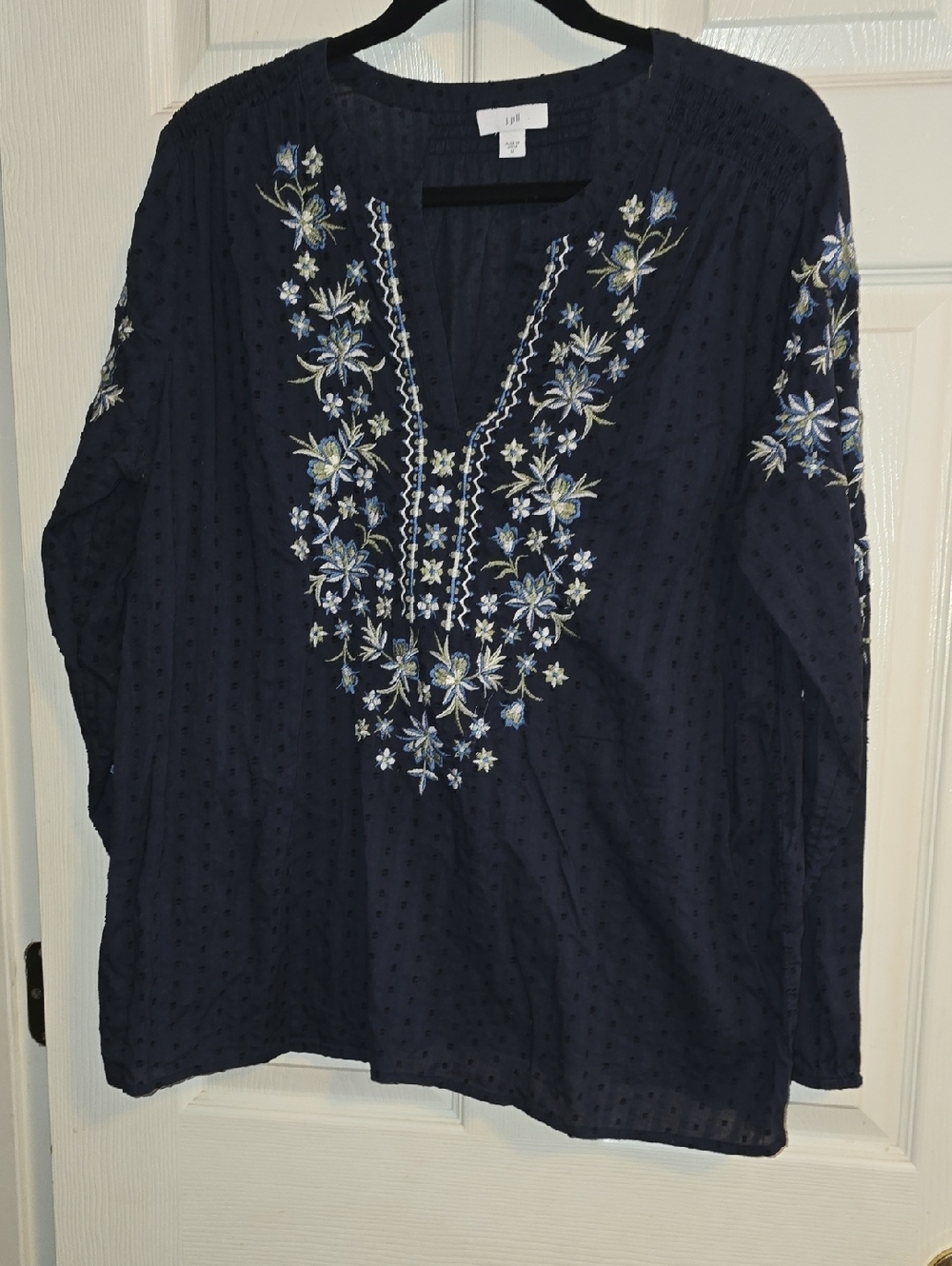 JM Collection Navy Floral Embroidered V-Neck Peasant Tunic